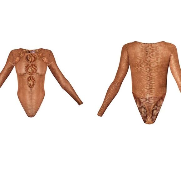 NWT PrettyLittleThing 4 Sheer/Gold Brown Texture Mesh Cut Out Lng Sleve Bodysuit - Picture 6 of 12